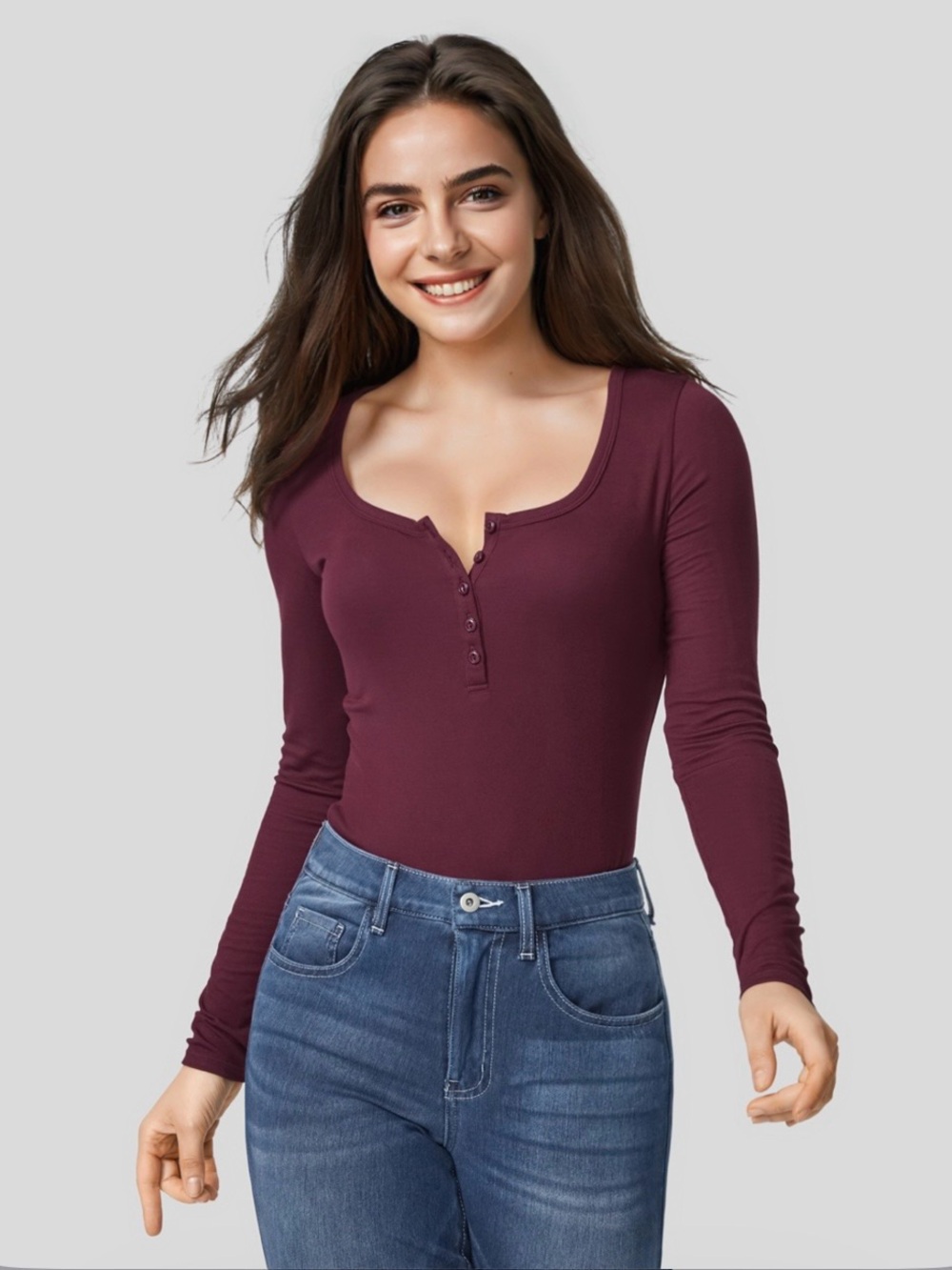 NWT HALARA Long Sleeve Henley Top in Burgundy